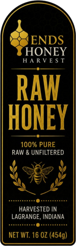 Ends Honey Harvest raw honey bottle label, 16 oz