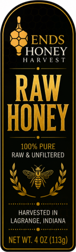 Ends Honey Harvest raw honey bottle label, 4 oz