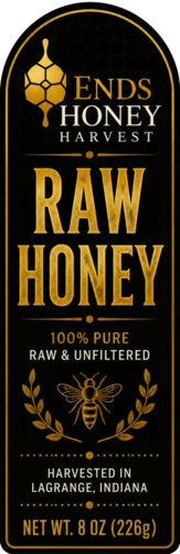 Ends Honey Harvest raw honey bottle label, 8 oz